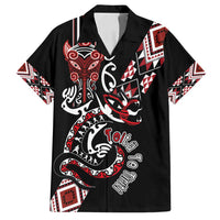 Aotearoa Toitu Te Tiriti-Honour the Treaty Family Matching Off Shoulder Short Dress and Hawaiian Shirt Maori Taniwha Haka with Taniko and Tukutuku LT03 Dad's Shirt - Short Sleeve Black - Polynesian Pride