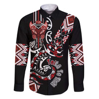 Aotearoa Toitu Te Tiriti-Honour the Treaty Family Matching Off Shoulder Short Dress and Hawaiian Shirt Maori Taniwha Haka with Taniko and Tukutuku LT03 Dad's Shirt - Long Sleeve Black - Polynesian Pride