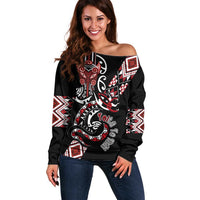 Aotearoa Toitu Te Tiriti-Honour the Treaty Off Shoulder Sweater Maori Taniwha Haka with Taniko and Tukutuku LT03 Women Black - Polynesian Pride