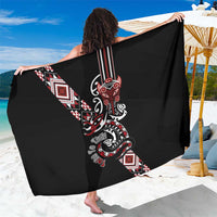 Aotearoa Toitu Te Tiriti-Honour the Treaty Sarong Maori Taniwha Haka with Taniko and Tukutuku LT03 One Size 44 x 66 inches Black - Polynesian Pride