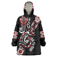 Aotearoa Toitu Te Tiriti-Honour the Treaty Wearable Blanket Hoodie Maori Taniwha Haka with Taniko and Tukutuku LT03 One Size Black - Polynesian Pride
