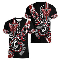 Aotearoa Toitu Te Tiriti-Honour the Treaty Women V-Neck T-Shirt Maori Taniwha Haka with Taniko and Tukutuku