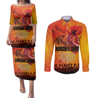 Australia and New Zealand ANZAC Day Couples Matching Puletasi and Long Sleeve Button Shirt Soldiers Memories - Red Poppies with Aboriginal and Maori Art LT03 Orange-Yellow - Polynesian Pride