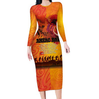Australia and New Zealand ANZAC Day Family Matching Long Sleeve Bodycon Dress and Hawaiian Shirt Soldiers Memories - Red Poppies with Aboriginal and Maori Art LT03 Mom's Dress Orange-Yellow - Polynesian Pride
