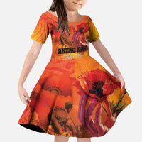 Australia and New Zealand ANZAC Day Kid Short Sleeve Dress Soldiers Memories - Red Poppies with Aboriginal and Maori Art LT03 KID Orange-Yellow - Polynesian Pride