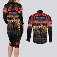 Australia and New Zealand ANZAC Day Couples Matching Long Sleeve Bodycon Dress and Long Sleeve Button Shirt Kangaroo and Kiwi Bird Soldier - Forever in My Thoughts LT03 - Polynesian Pride