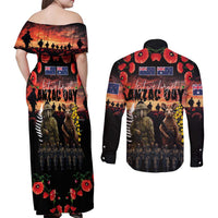 Australia and New Zealand ANZAC Day Couples Matching Off Shoulder Maxi Dress and Long Sleeve Button Shirt Kangaroo and Kiwi Bird Soldier - Forever in My Thoughts LT03 - Polynesian Pride