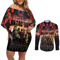 Australia and New Zealand ANZAC Day Couples Matching Off Shoulder Short Dress and Long Sleeve Button Shirt Kangaroo and Kiwi Bird Soldier - Forever in My Thoughts LT03 Black - Polynesian Pride