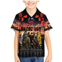 Australia and New Zealand ANZAC Day Family Matching Mermaid Dress and Hawaiian Shirt Kangaroo and Kiwi Bird Soldier - Forever in My Thoughts LT03 Son's Shirt Black - Polynesian Pride