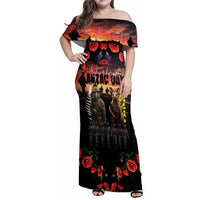 Australia and New Zealand ANZAC Day Family Matching Off Shoulder Maxi Dress and Hawaiian Shirt Kangaroo and Kiwi Bird Soldier - Forever in My Thoughts LT03 Mom's Dress Black - Polynesian Pride