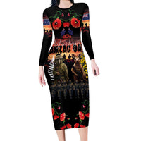 Australia and New Zealand ANZAC Day Long Sleeve Bodycon Dress Kangaroo and Kiwi Bird Soldier - Forever in My Thoughts LT03 Long Dress Black - Polynesian Pride