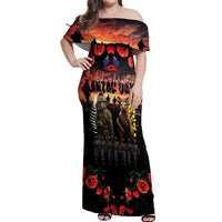 Australia and New Zealand ANZAC Day Off Shoulder Maxi Dress Kangaroo and Kiwi Bird Soldier - Forever in My Thoughts LT03 Women Black - Polynesian Pride