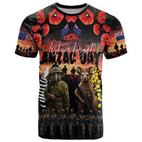 Australia and New Zealand ANZAC Day T Shirt Kangaroo and Kiwi Bird Soldier - Forever in My Thoughts LT03 Black - Polynesian Pride