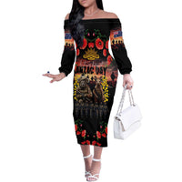 Australia ANZAC Day Family Matching Off The Shoulder Long Sleeve Dress and Hawaiian Shirt Kangaroo and Koala Soldier - Forever in My Thoughts LT03 Mom's Dress Black - Polynesian Pride