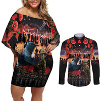 New Zealand ANZAC Day Couples Matching Off Shoulder Short Dress and Long Sleeve Button Shirt Tui Bird and Kiwi Bird Soldier - Forever in My Thoughts LT03 Black - Polynesian Pride