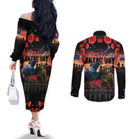 New Zealand ANZAC Day Couples Matching Off The Shoulder Long Sleeve Dress and Long Sleeve Button Shirt Tui Bird and Kiwi Bird Soldier - Forever in My Thoughts LT03 - Polynesian Pride