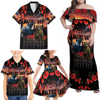 New Zealand ANZAC Day Family Matching Off Shoulder Maxi Dress and Hawaiian Shirt Tui Bird and Kiwi Bird Soldier - Forever in My Thoughts LT03 - Polynesian Pride