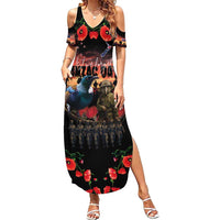 New Zealand ANZAC Day Family Matching Summer Maxi Dress and Hawaiian Shirt Tui Bird and Kiwi Bird Soldier - Forever in My Thoughts LT03 Mom's Dress Black - Polynesian Pride