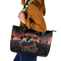 New Zealand ANZAC Day Leather Tote Bag Tui Bird and Kiwi Bird Soldier - Forever in My Thoughts LT03 Black - Polynesian Pride