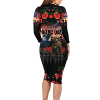 New Zealand ANZAC Day Long Sleeve Bodycon Dress Tui Bird and Kiwi Bird Soldier - Forever in My Thoughts LT03 - Polynesian Pride
