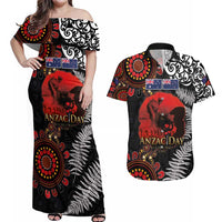 Australia and New Zealand ANZAC Day Couples Matching Off Shoulder Maxi Dress and Hawaiian Shirt Aboriginal and Maori Art Pattern - Gallipoli Lest We Forget LT03 Black - Polynesian Pride