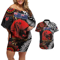 Australia and New Zealand ANZAC Day Couples Matching Off Shoulder Short Dress and Hawaiian Shirt Aboriginal and Maori Art Pattern - Gallipoli Lest We Forget LT03 Black - Polynesian Pride