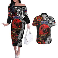 Australia and New Zealand ANZAC Day Couples Matching Off The Shoulder Long Sleeve Dress and Hawaiian Shirt Aboriginal and Maori Art Pattern - Gallipoli Lest We Forget LT03 Black - Polynesian Pride
