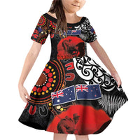 Australia and New Zealand ANZAC Day Family Matching Off Shoulder Short Dress and Hawaiian Shirt Aboriginal and Maori Art Pattern - Gallipoli Lest We Forget LT03 Daughter's Dress Black - Polynesian Pride