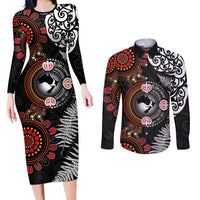 Australia and New Zealand Together Couples Matching Long Sleeve Bodycon Dress and Long Sleeve Button Shirt Aboriginal and Maori Art Tattoo LT03 Black - Polynesian Pride