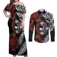 Australia and New Zealand Together Couples Matching Off Shoulder Maxi Dress and Long Sleeve Button Shirt Aboriginal and Maori Art Tattoo LT03 Black - Polynesian Pride