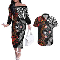 Australia and New Zealand Together Couples Matching Off The Shoulder Long Sleeve Dress and Hawaiian Shirt Aboriginal and Maori Art Tattoo LT03 Black - Polynesian Pride