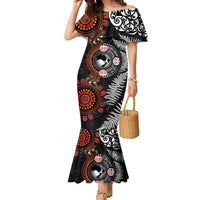 Australia and New Zealand Together Family Matching Mermaid Dress and Hawaiian Shirt Aboriginal and Maori Art Tattoo LT03 Mom's Dress Black - Polynesian Pride