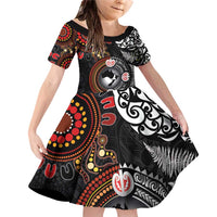Australia and New Zealand Together Family Matching Off Shoulder Short Dress and Hawaiian Shirt Aboriginal and Maori Art Tattoo LT03 Daughter's Dress Black - Polynesian Pride