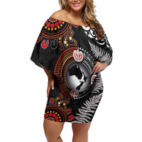 Australia and New Zealand Together Family Matching Off Shoulder Short Dress and Hawaiian Shirt Aboriginal and Maori Art Tattoo LT03 Mom's Dress Black - Polynesian Pride