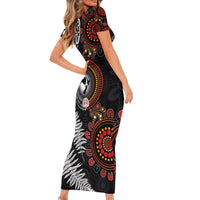 Australia and New Zealand Together Family Matching Short Sleeve Bodycon Dress and Hawaiian Shirt Aboriginal and Maori Art Tattoo LT03 - Polynesian Pride