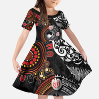 Australia and New Zealand Together Family Matching Summer Maxi Dress and Hawaiian Shirt Aboriginal and Maori Art Tattoo LT03 Daughter's Dress Black - Polynesian Pride
