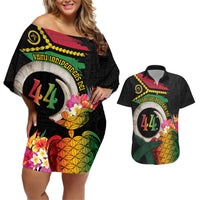 Vanuatu Selebretem 44th Indipendens Dei Couples Matching Off Shoulder Short Dress and Hawaiian Shirt Sand Drawing Turtle Melanesian Vibes