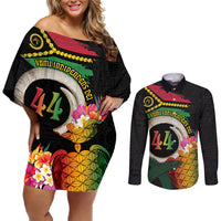 Vanuatu Selebretem 44th Indipendens Dei Couples Matching Off Shoulder Short Dress and Long Sleeve Button Shirt Sand Drawing Turtle Melanesian Vibes