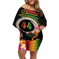 Vanuatu Selebretem 44th Indipendens Dei Off Shoulder Short Dress Sand Drawing Turtle Melanesian Vibes LT03 Women Black - Polynesian Pride