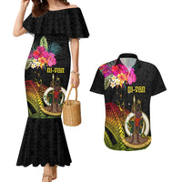 Vanuatu Ni-Van Couples Matching Mermaid Dress and Hawaiian Shirt Coat of Arms Sand Drawing LT03 Black - Polynesian Pride