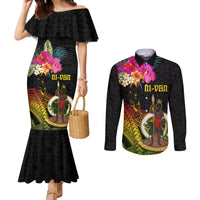 Vanuatu Ni-Van Couples Matching Mermaid Dress and Long Sleeve Button Shirt Coat of Arms Sand Drawing
