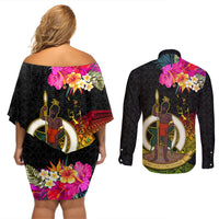 Vanuatu Ni-Van Couples Matching Off Shoulder Short Dress and Long Sleeve Button Shirt Coat of Arms Sand Drawing