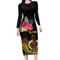 Vanuatu Ni-Van Family Matching Long Sleeve Bodycon Dress and Hawaiian Shirt Coat of Arms Sand Drawing LT03 Mom's Dress Black - Polynesian Pride