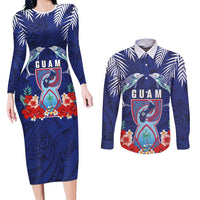 Guam Liberation Day Couples Matching Long Sleeve Bodycon Dress and Long Sleeve Button Shirt The Tribal Latte Stone and Dolphins with Hibiscus Chamorro Culture