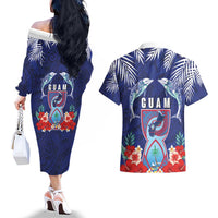Guam Liberation Day Couples Matching Off The Shoulder Long Sleeve Dress and Hawaiian Shirt The Tribal Latte Stone and Dolphins with Hibiscus Chamorro Culture