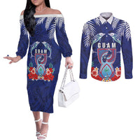 Guam Liberation Day Couples Matching Off The Shoulder Long Sleeve Dress and Long Sleeve Button Shirt The Tribal Latte Stone and Dolphins with Hibiscus Chamorro Culture