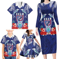 Guam Liberation Day Family Matching Long Sleeve Bodycon Dress and Hawaiian Shirt The Tribal Latte Stone and Dolphins with Hibiscus Chamorro Culture LT03 - Polynesian Pride