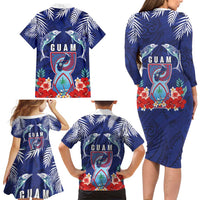 Guam Liberation Day Family Matching Long Sleeve Bodycon Dress and Hawaiian Shirt The Tribal Latte Stone and Dolphins with Hibiscus Chamorro Culture LT03 - Polynesian Pride