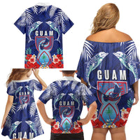 Guam Liberation Day Family Matching Off Shoulder Short Dress and Hawaiian Shirt The Tribal Latte Stone and Dolphins with Hibiscus Chamorro Culture LT03 - Polynesian Pride