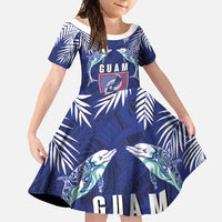 Guam Liberation Day Family Matching Tank Maxi Dress and Hawaiian Shirt The Tribal Latte Stone and Dolphins with Hibiscus Chamorro Culture LT03 Daughter's Dress Blue - Polynesian Pride